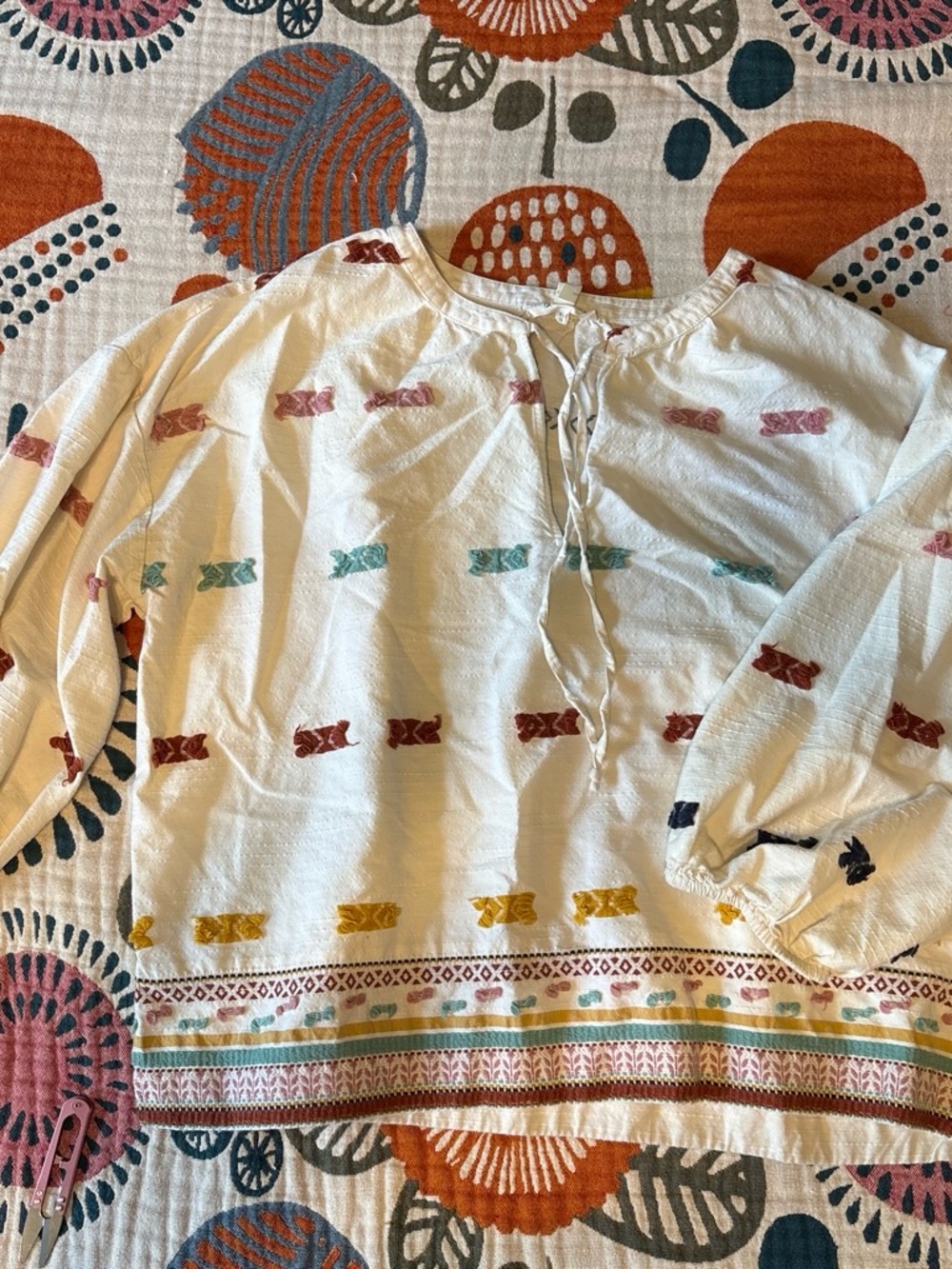 Loft Cream embroidered (mustard, turquoise, navy, red) v neck long sleeve blouse